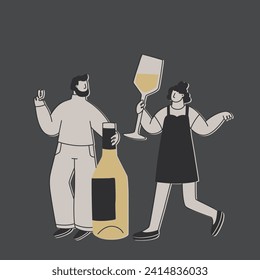 Un hombre y una mujer con una botella enorme de vino blanco y un vaso enorme. Caracteres divertidos y exagerados para el diseño sobre el tema del vino o las bebidas alcohólicas. Ilustración plana vectorial.