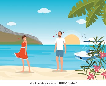 cute man and woman meeting at beach. first love character flat vector illustration
