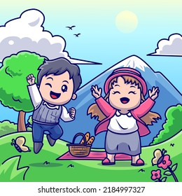 Cute Man And Woman Picnic In Mountain Park Cartoon Vector Icon Illustration. People Nature Icon Concept Isolated Premium Vector. Flat Cartoon Style