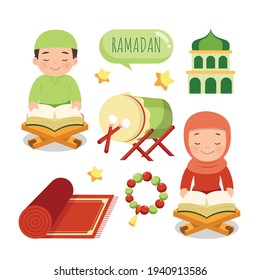 Cute man and woman reading quran. Ramadan kareem decoration element. Flat vector cartoon design.