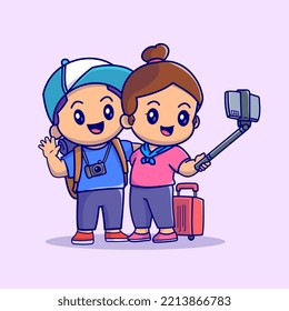 Cute Man And Woman Taking Selfie With Phone Cartoon Vector Icon Illustration People Holiday Icon Concept Isolated Premium Vector. Flat Cartoon Style