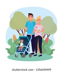 cute man and woman with their son in the stroller
