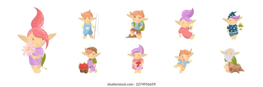 Cute Man and Woman Troll with Pointed Ears Engaged in Different Activity Vector Set