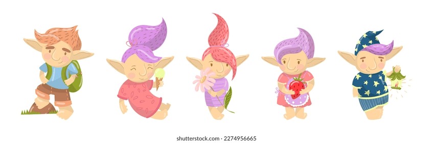 Cute Man and Woman Troll with Pointed Ears Engaged in Different Activity Vector Set