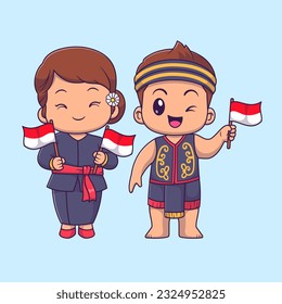 Cute Man and Woman Wearing Indonesian Traditional Costume Cartoon Vector Icon Illustration. People Holiday Icon Concept Isolated Premium Vector. Flat Cartoon Style