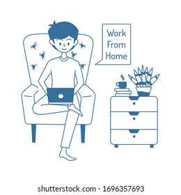 cute man work from home with laptop and a glass of coffee. Flat line art style illustration