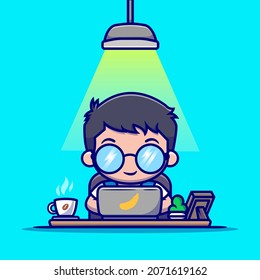 Cute Man Working On Laptop With Coffee Cartoon Vector Icon Illustration. People Technology Icon Concept Isolated Premium Vector. Flat Cartoon Style