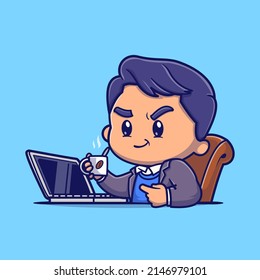 Cute Man Working On Laptop And Drink Coffee Cartoon Vector Icon Illustration. People Technology Icon Concept Isolated Premium Vector. Flat Cartoon Style 