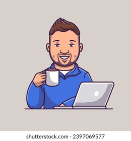 Cute Man Working On Laptop And Drink Coffee Cartoon 
Vector Icon Illustration. Technology Drink Icon Concept
Isolated Premium Vector. Flat Cartoon Style