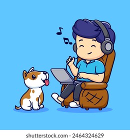 Hombre Lindo Que Trabaja En La Computadora Portátil Y Que Escucha Música Con La Ilustración Del Icono Del Vector Del Dibujo Animado Del Perro. Personas Icono de Tecnología Concepto Aislado Vector de Premium. Estilo plano de dibujos animados