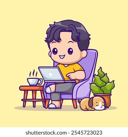 Homem Bonito Trabalhando Em Laptop Com Ícone De Vetor De Desenho Animado De Cão 
Ilustração. Conceito de ícone da tecnologia de pessoas isolado 
Vetor Premium. Estilo de Desenho Animado Plano 