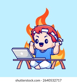 Cute Man Working on Laptop With Fire Cartoon Vector Icon Illustration. People Technology Icon Concept Isolated Premium Vector. Flat Cartoon Style