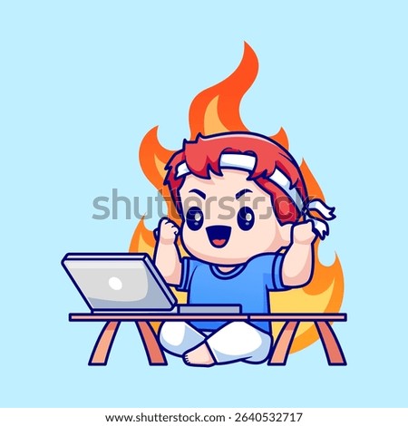 Cute Man Working on Laptop With Fire Cartoon Vector Icon Illustration. People Technology Icon Concept Isolated Premium Vector. Flat Cartoon Style