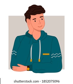 Cute man or young dreamy guy wearing warm sweater vector illustration. Male character holds his hand near his head, looks carefully to the side, thinks about something . Happy curious looking male