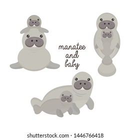 Cute Manatee And Baby Cartoon.