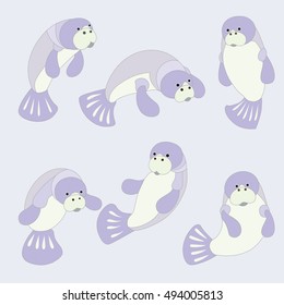Cute manatee on purple background. Animal cartoon design. 
