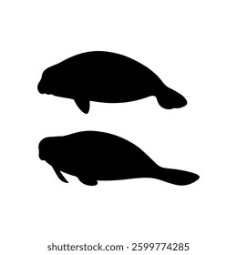 Cute manatee silhouette icon vector flat design. 