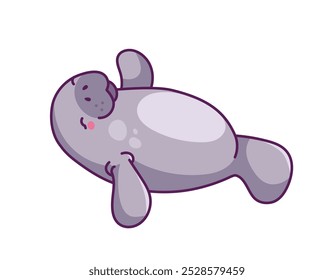 Cute manatee sticker. Adorable character with fins. Arctic mammal mascot. Underwater world, sea and ocean fauna. Creature and sea cow. Flat vector illustration isolated on white background