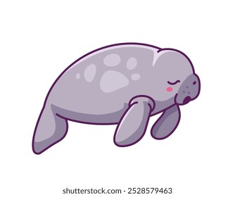 Cute manatee sticker. Adorable character with fins sleep. Arctic mammal mascot. Underwater world, sea and ocean fauna. Rest and relaxation. Flat vector illustration isolated on white background