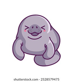 Cute manatee sticker. Adorable character with fins smile. Arctic mammal mascot. Sea and ocean fauna and wild life. Funny creature. Flat vector illustration isolated on white background