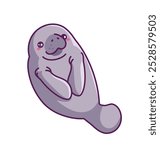 Cute manatee sticker. Confused character with fins smile. Grey arctic mammal mascot. Sea and ocean fauna. Cute seal and sea cow. Flat vector illustration isolated on white background