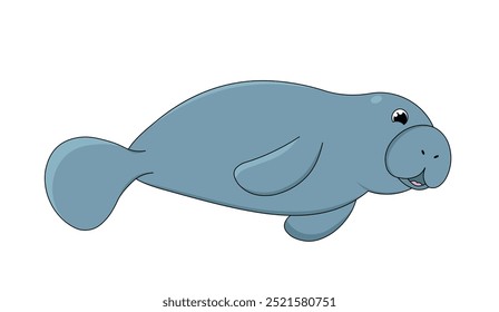 Bonito adesivo de peixe-boi. Reserva marinha de vida selvagem e fauna. Morador subaquático. Biologia e zoologia. Mar e oceano. Cartaz ou banner. Ilustração de vetor plano isolada no plano de fundo branco