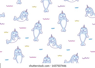 cute manatees unicorns in waves, vector seamless pattern
