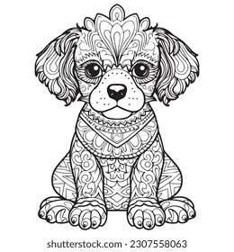 Un lindo vector de la página de colorear la línea de perro mandala.