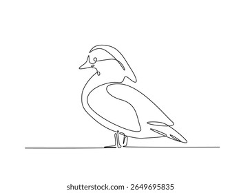 Cute mandarin duck draw in single outline illustration. Continuous line art drawing of mandarin duck.