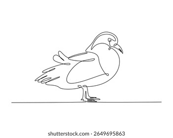 Cute mandarin duck draw in single outline illustration. Continuous line art drawing of mandarin duck.