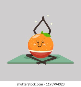 Cute Mandarin kid in yoga pose. Funny vector cartoon fruit character isolated on a background. Eating healthy and fitness.