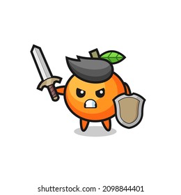 cute mandarin orange soldier fighting with sword and shield , cute style design for t shirt, sticker, logo element