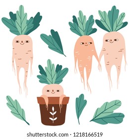 Cute mandrake roots. Magic plants. Set of cartoon illustrations. Witchcraft symbols. Vector characters, design elements.