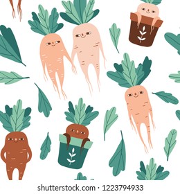 Cute mandrake roots seamless pattern. Magic plants. Cartoon illustrations. Witchcraft symbols. Vector graphic design for paper, textile print, page fill.