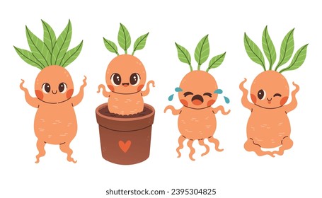 Cute mandrake set. Magic plants. Cartoon mandragora for stickers, cards, scrapbooking. Witchcraft symbols.