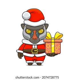 cute mandrill cartoon, giving christmas gifts and wearing santa claus costume, cute animal character wearing christmas costume, front view. kawaii and simple style, perfect for christmas content