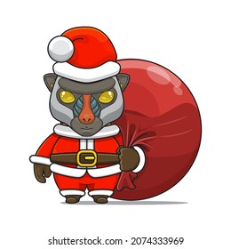 cute mandrill mascot, carrying red bundle bag and wearing santa claus costume, cute animal character wearing christmas costume, front view. kawaii and shiny style, perfect for christmas content