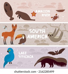 Cute Maned wolf anteater manatee sea cow sloth toucan bat crab parrot, kids background South America Amazon River Lake Titicaca animals brown pink beige lilac violet horizontal card banner. Vector