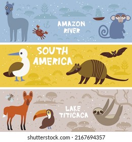 Cute Maned wolf anteater manatee sloth lama marmoset monkey armadillo Blue-footed booby, kids background South America Amazon River Lake Titicaca animals gray beige blue horizontal card banner. Vector