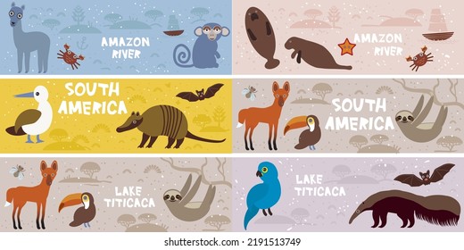 Cute Maned wolf anteater manatee sloth lama marmoset monkey armadillo Blue-footed booby, kids background South America Amazon River Lake Titicaca animals gray beige blue horizontal card banner. Vector