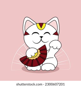 Cute maneki neko (beckoning cat) on pink background