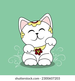 Cute maneki neko (beckoning cat) on green background