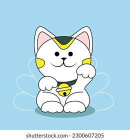 Cute maneki neko (beckoning cat) on light blue background