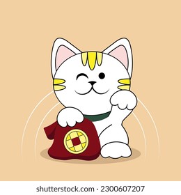 Cute maneki neko (beckoning cat) on beige background