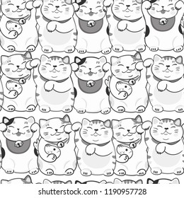 Cute maneki neko. Hand drawn vector seamless pattern