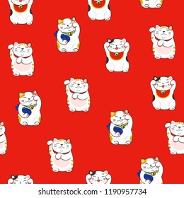 Cute maneki neko. Hand drawn colored vector seamless pattern. Red background