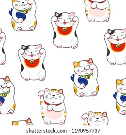 Cute maneki neko. Hand drawn colored vector seamless pattern