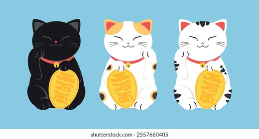 Cute Maneki neko icons set. Japanese lucky cats flat cartoon illustration. Black cat, ginger and black spotted cats. Money cat