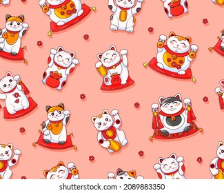 Cute Maneki Neko Japanese cat seamless pattern. Symbol of luck and wealth. Suitable for printing on paper and fabric. Vector cartoon background.