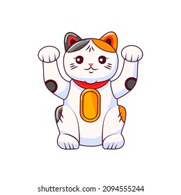 Cute maneki neko Japanese luck cat with raised paws.Symbol of wealth. Vector cartoon illustration